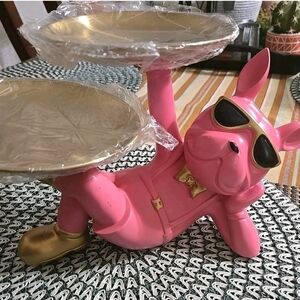 Resin French Bulldog Statue, Lying BulPink Bulldog Figurine with Gold Trays